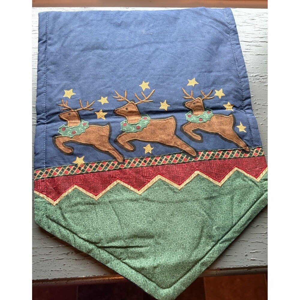 Vintage Quilted Christmas Table Runner Reindeer Applique Blue Green Country 90s